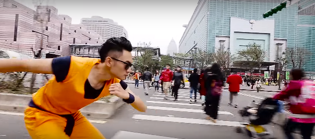 Goku Cosplayer Flys Nimbus in Taipei