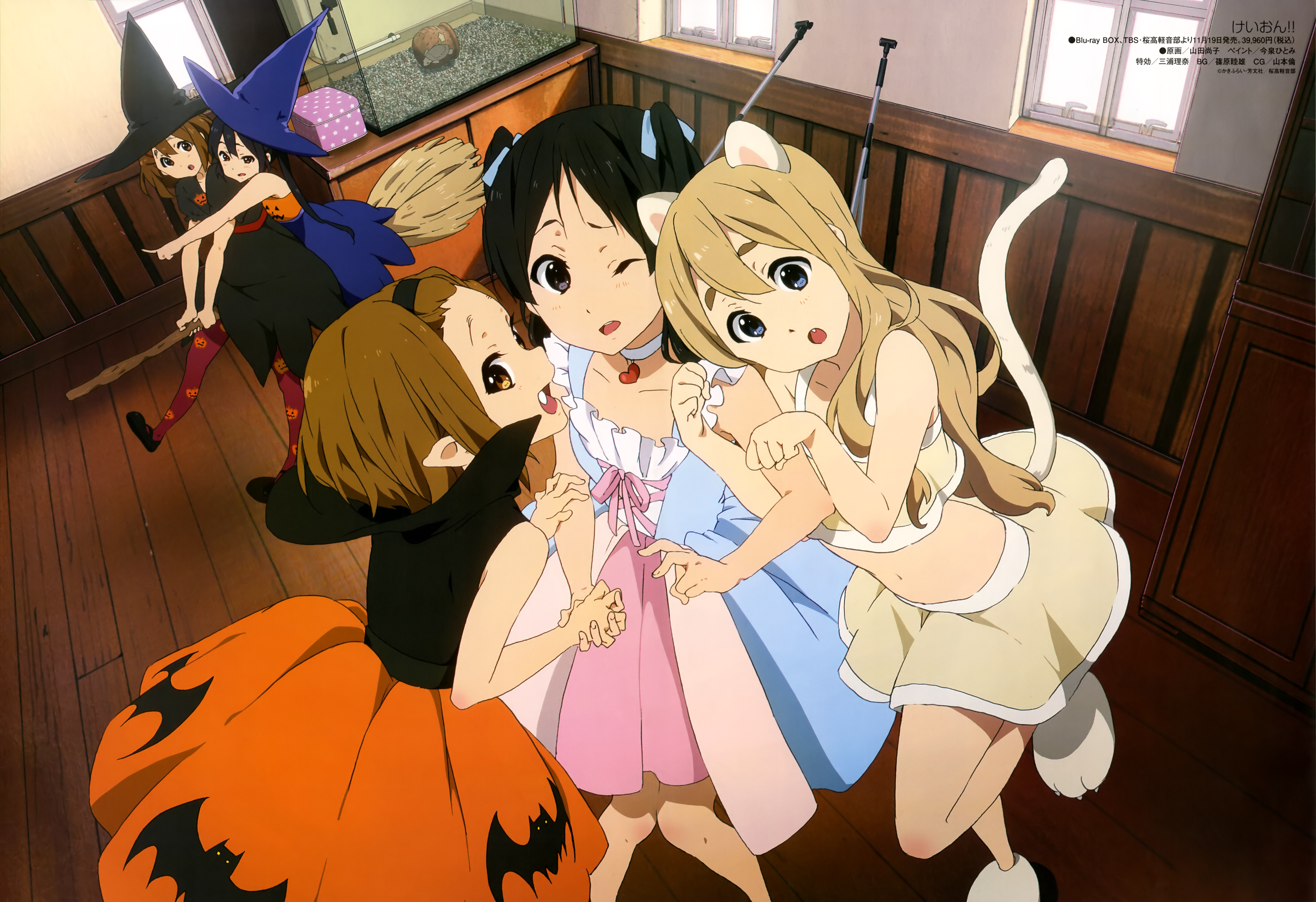 Haruhichan.com Animedia November 2014 posters  akiyama_mio animal_ears dress halloween hirasawa_yui k-on! kotobuki_tsumugi nakano_azusa nekomimi tail tainaka_ritsu thighhighs witch yamada_naoko