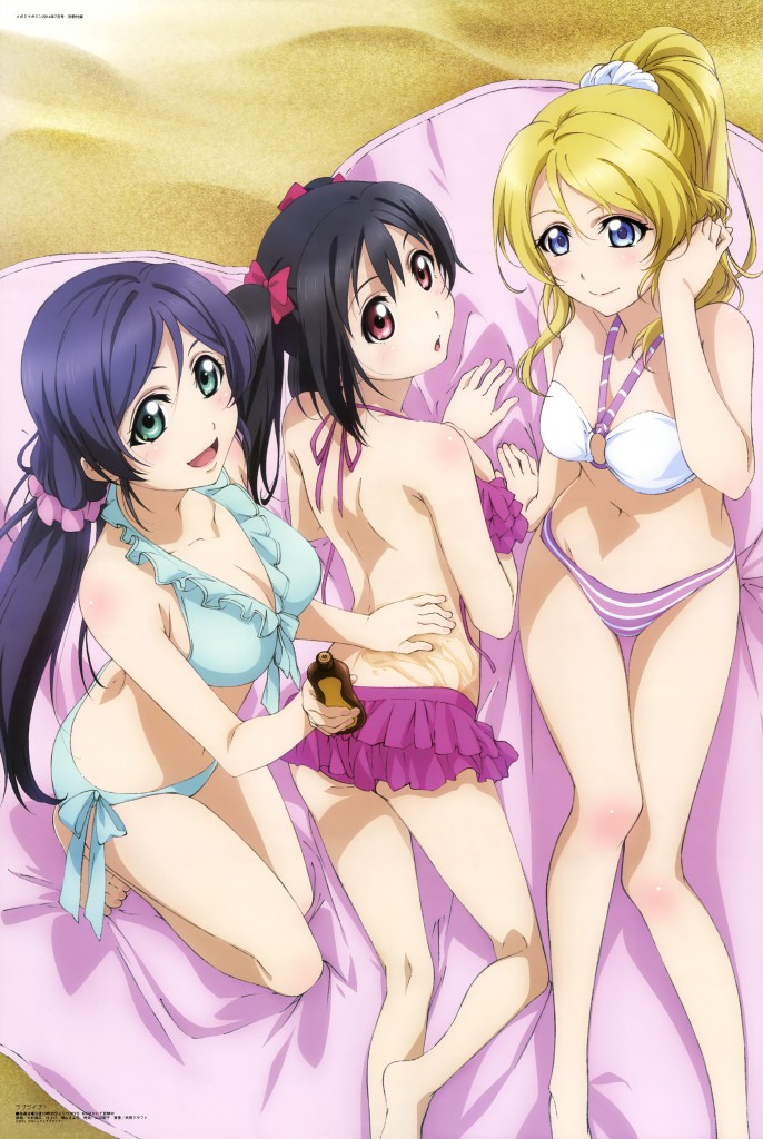 Haruhichan.com Megami MAGAZINE July 2014 posters ayase_eli bikini cleavage love_live! oosugi_naohiro swimsuits toujou_nozomi yazawa_nico