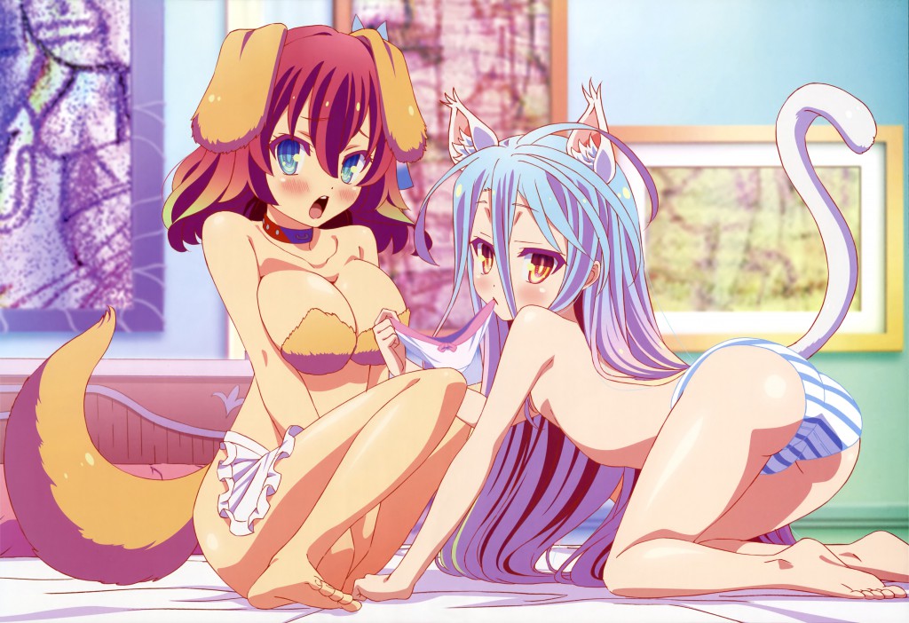 Haruhichan.com NyanType July 2014 posters  animal_ears ass cleavage inumimi nekomimi no_game_no_life nopan pantsu shimapan shiro_(no_game_no_life) stephanie_dora tail topless