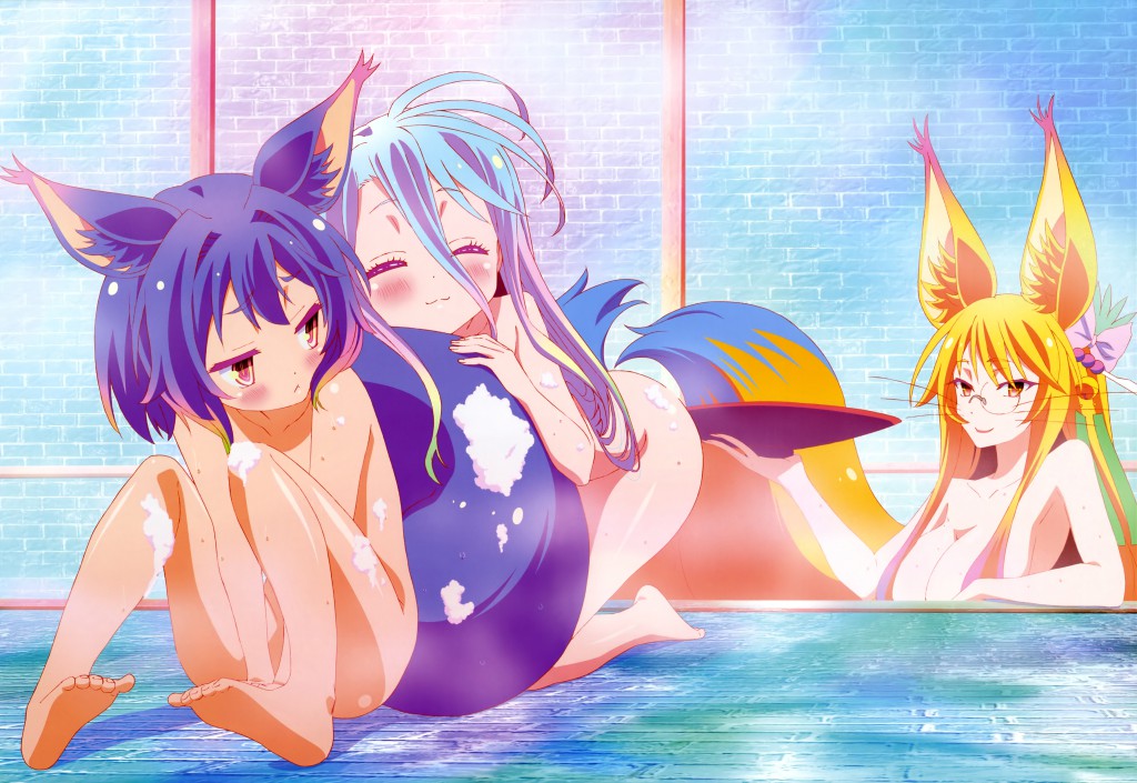 Haruhichan.com NyanType magazine August 2014 posters bathing cleavage hatsuse_izuna kitsune loli miko_(no_game_no_life) naked no_game_no_life shiro_(no_game_no_life) tail